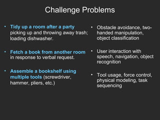 Challenge Problems
• Obstacle avoidance, two-
handed manipulation,
object classification
• User interaction with
speech, navigation, object
recognition
• Tool usage, force control,
physical modeling, task
sequencing
• Tidy up a room after a party
picking up and throwing away trash;
loading dishwasher.
• Fetch a book from another room
in response to verbal request.
• Assemble a bookshelf using
multiple tools (screwdriver,
hammer, pliers, etc.)
 