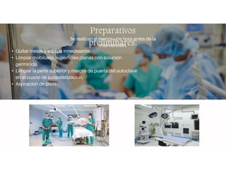Preparativos
preliminares:
Se realizan al menos una hora antes de la
intervención.
• Quitar mesas y equipo innecesarios.
• Limpiar mobiliario, superficies planas con solución
germicida.
• Limpiar la parte superior y marcos de puerta del autoclave
en el cuarto de subestérilzacion.
• Aspiración de pisos.
 
