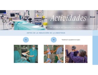13 14
Actividades
EN L A SA L A DE C IRUGÍA C ON EL PAC IEN TE
AN TES DE L A INDUC CIÓN DE LA A NES TESIA
"Asistencia" a ayudante de cirujano
 