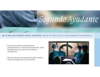 Segundo Ayudante
AC T IVIDADES
EN LA S ALA D E C IRU GÍA C ON EL PACIENTE: AN TES DE FIN AL IZA R EL PR OC EDIMI EN TO QUIRÚRGI CO
• Confirma posibles complicaciones
postoperatorias, evolución del paciente, notas
postoperatorios y uso de antibióticos
terapéuticos.
• Recibe indicaciones específicas del cirujano,
acerca del seguimiento al paciente.
 