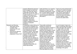 program allowed the sequence        easily add them to our opening     hope to do more practical work
                                 to be changed into black and        sequence to make it suit the       using the TV studio to develop
                                 white. Live Type was used to        necessary requirements. Using      my skills further. As I was the
                                 create titles for the film. After   the TV studio helped evaluate      main person responsible for
                                 filming we used the TV studio to    our product as we played the       creating the Wixx website I
                                 create a short sequence of          opening sequence behind and        know a lot about the program
                                 evaluation. Wixx was used in        discussed it.                      but still I believe I could
                                 post production also to                                                enhance the skills further.
                                 contribute towards the
                                 evaluation. Using Wixx I
                                 created a website to show the
                                 answers to evaluation
                                 questions.
Research and Planning            In preparation before filming me    These skills contributed           In my A2 project I hope to be
  - What tasks did you           and my group completed a lot        towards our product as             able to incorporate which genre
     complete when               of research and planning tasks.     conducting research enabled us     really well again after studying
     preparing to film your      We researched into the genre        to take inspiration from noir      it. I again want to do initial
     sequence?                   (noir) exploring the typical        style films we analysed, as well   research, not only into the
  - How did your planning        storylines, themes, visual style    as their storylines influencing    genre but also into the types of
     help the smooth             and iconography. We also did        our product. Researching into      audience that these media
     progression of your film?   research into audience and          the audience and institution       products are promoted to. After
                                 institution to help understand      helped me and my group             realizing how important
                                 the target audience and             decides what company would         planning and research is to
                                 institution that may release our    market our film after seeing       create a successful media
                                 film. We watched and analysed       which companies produced           product, in A2 I am going to
                                 many noir style films, analyzing    famous noir films. Also,           ensure that I research
                                 the first 5 minutes of the          researching into the               effectively into the genre I
                                 opening sequence to                 conventions helped us              choose to base my music video
                                 understand where titles are         incorporate the genre into our     around so that when I create
                                 added appropriately.                media product as we could take     my final product, it has all the
                                                                     inspiration from the costume,      key elements to showcase my
                                                                     camera shots and narrative.        knowledge of the genre.
                                                                     Planning helped the smooth
 