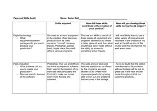 Personal Skills Audit

Name: Aidan Bell_______________________________________
Skills acquired

How did these skills
contribute to the creation of
your product?

How will you develop these
skills during the A2 project?

Digital technology
- What
equipment/software
packages did you use to
produce your
production?

We used an array of equipment
in the creation of our previous
products such as video
cameras, “normal” cameras,
tripods, Photoshop, garage
band, Apple Macs, Microsoft
office’s various programs.

The use and skills to use all of
these pieces of equipment and
programs allowed us to create
a better piece of work than what
would have been made without
the ability or access to
something’s like Tripods.

I will most likely learn to use a
wider variety of programs and
hardware in the creation of my
work in the A2 section of this
course and this will improve my
work even more.

Post production
- What software did you
use to create your
production?
- Discuss specific features
of the software.

Photoshop, final Cut and IMovie
are some examples of software
that I used in the creation of my
work last year particularly the
Cut tool to make our movie
seem more flowing and
coherent.

The wide array of tools and
features available to us offered
by the programs we used
allowed us to create more
impressive products by being
able to iron our and problems
that occurred in the footage.

I have no doubt that the skills I
have learned to fix problems
with our footage will be put to
great use in the near and far
future throughout all of my
upcoming products…

 
