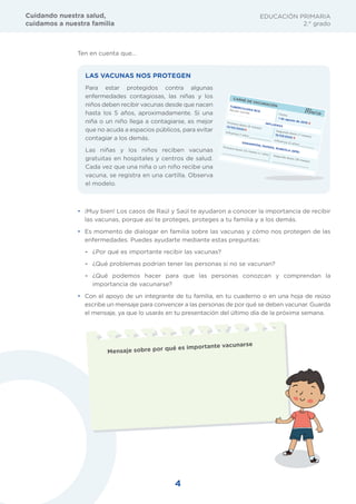 4
EDUCACIÓN PRIMARIA
2.° grado
Cuidando nuestra salud,
cuidamos a nuestra familia
Ten en cuenta que…
LAS VACUNAS NOS PROTEGEN
Para estar protegidos contra algunas
enfermedades contagiosas, las niñas y los
niños deben recibir vacunas desde que nacen
hasta los 5 años, aproximadamente. Si una
niña o un niño llega a contagiarse, es mejor
que no acuda a espacios públicos, para evitar
contagiar a los demás.
Las niñas y los niños reciben vacunas
gratuitas en hospitales y centros de salud.
Cada vez que una niña o un niño recibe una
vacuna, se registra en una cartilla. Observa
el modelo.
• ¡Muy bien! Los casos de Raúl y Saúl te ayudaron a conocer la importancia de recibir
las vacunas, porque así te proteges, proteges a tu familia y a los demás.
• Es momento de dialogar en familia sobre las vacunas y cómo nos protegen de las
enfermedades. Puedes ayudarte mediante estas preguntas:
- ¿Por qué es importante recibir las vacunas?
- ¿Qué problemas podrían tener las personas si no se vacunan?
- ¿Qué podemos hacer para que las personas conozcan y comprendan la
importancia de vacunarse?
• Con el apoyo de un integrante de tu familia, en tu cuaderno o en una hoja de reúso
escribe un mensaje para convencer a las personas de por qué se deben vacunar. Guarda
el mensaje, ya que lo usarás en tu presentación del último día de la próxima semana.
Mensaje sobre por qué es importante vacunarse
03
CARNÉ DE VACUNACIÓNTUBERCULOSIS BCGRecién nacido Fecha
1 de agosto de 2019 XPrimera dosis (6 meses)
13/02/2020X Segunda dosis (7 meses)
15/ /2020 X
INFLUENZA
Inﬂuenza (1 año) ________________ Inﬂuenza (2 años) ________
SARAMPIÓN, PAPERA, RUBEOLA (SPR)
Primera dosis (12 meses o 1 año)
______________________________
Segunda dosis (18 meses)_____________________
 