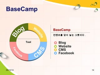 BaseCamp
BaseCamp
컨텐츠를 담아 놓는 그릇이다 .
Tool Blog
Website
CMS
Facebook
05/15/14 14
 