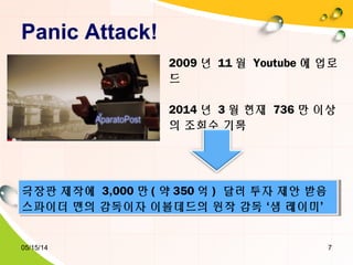 Panic Attack!
05/15/14 7
2009 년 11 월 Youtube 에 업로
드
2014 년 3 월 현재 736 만 이상
의 조회수 기록
극장판 제작에 3,000 만 ( 약 350 억 ) 달러 투자 제안 받음
스파이더 맨의 감독이자 이블데드의 원작 감독 ‘샘 레이미’
극장판 제작에 3,000 만 ( 약 350 억 ) 달러 투자 제안 받음
스파이더 맨의 감독이자 이블데드의 원작 감독 ‘샘 레이미’
 