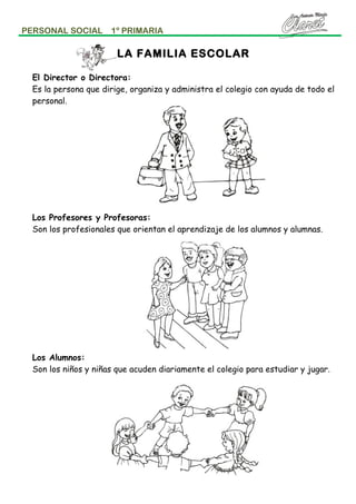 PERSONAL SOCIAL

1º PRIMARIA

LA FAMILIA ESCOLAR
El Director o Directora:
Es la persona que dirige, organiza y administra el colegio con ayuda de todo el
personal.

Los Profesores y Profesoras:
Son los profesionales que orientan el aprendizaje de los alumnos y alumnas.

Los Alumnos:
Son los niños y niñas que acuden diariamente el colegio para estudiar y jugar.

 