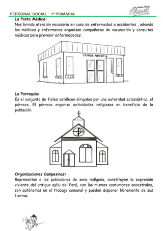PERSONAL SOCIAL 1º PRIMARIA
La Posta Médica:
Nos brinda atención necesaria en caso de enfermedad o accidentes , además
los médicos y enfermeras organizan compañeras de vacunación y consultas
médicas para prevenir enfermedades.

La Parroquia:
Es el conjunto de fieles católicos dirigidos por una autoridad eclesiástica, el
párroco. El párroco organiza actividades religiosas en beneficio de la
población.

Organizaciones Campesinas:
Representan a los pobladores de zona indígena, constituyen la expresión
viviente del antiguo ayllu del Perú, con las mismas costumbres ancestrales,
son autónomas en el trabajo comunal y pueden disponer libremente de sus
tierras.

 