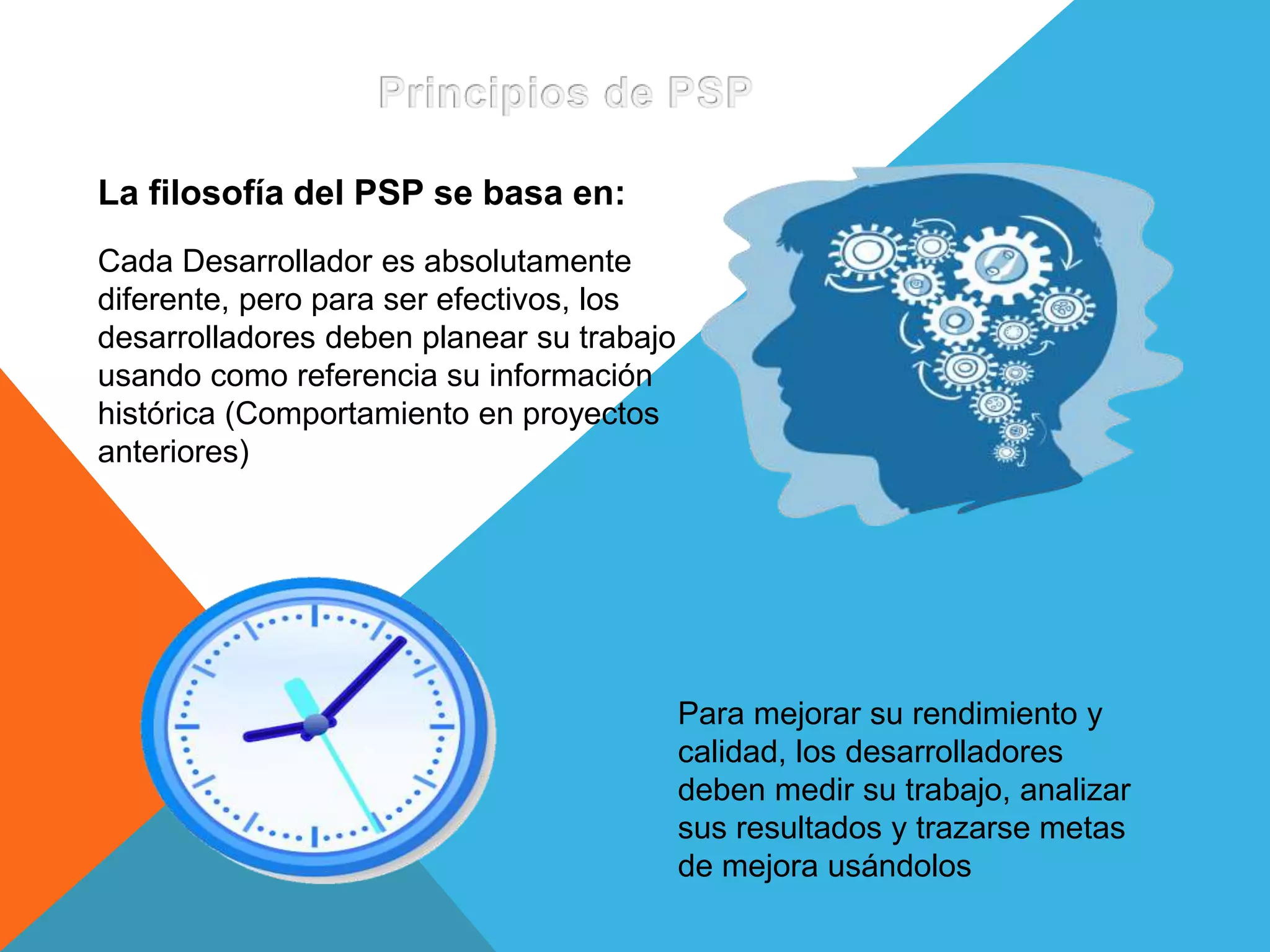 La filosofía del PSP se basa en:
Para mejorar su rendimiento y
calidad, los desarrolladores
deben medir su trabajo, analizar
sus resultados y trazarse metas
de mejora usándolos
Cada Desarrollador es absolutamente
diferente, pero para ser efectivos, los
desarrolladores deben planear su trabajo
usando como referencia su información
histórica (Comportamiento en proyectos
anteriores)
 