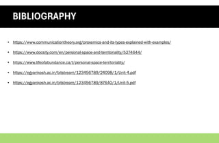 BIBLIOGRAPHY
BIBLIOGRAPHY
• https://www.communicationtheory.org/proxemics-and-its-types-explained-with-examples/
• https://www.docsity.com/en/personal-space-and-territoriality/5274644/
• https://www.lifeofabundance.ca/l/personal-space-territoriality/
• https://egyankosh.ac.in/bitstream/123456789/24098/1/Unit-4.pdf
• https://egyankosh.ac.in/bitstream/123456789/87640/1/Unit-5.pdf
 