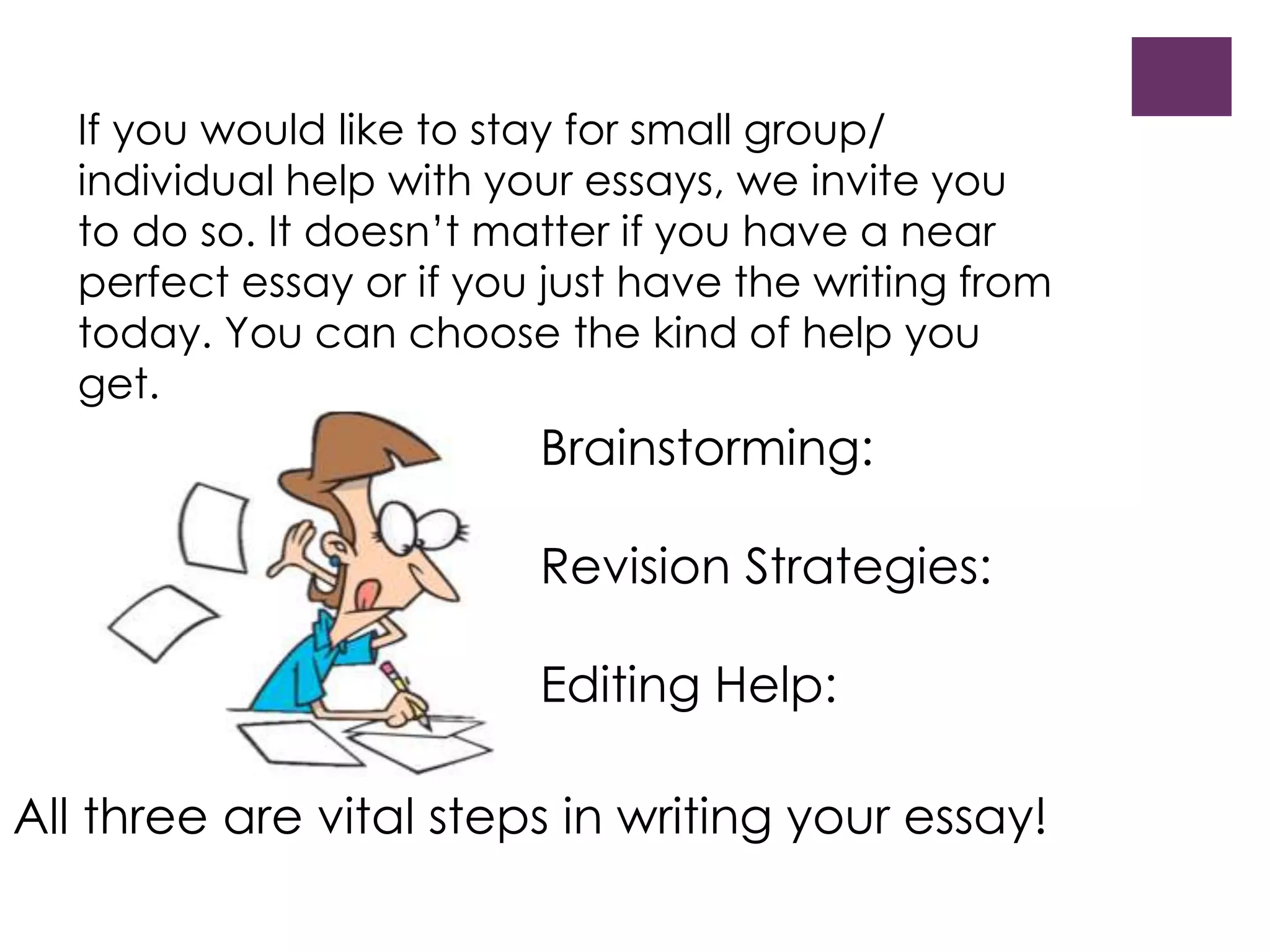 If you would like to stay for small group/ 
individual help with your essays, we invite you 
to do so. It doesn’t matter if you have a near 
perfect essay or if you just have the writing from 
today. You can choose the kind of help you 
get. 
Brainstorming: 
Revision Strategies: 
Editing Help: 
All three are vital steps in writing your essay! 
