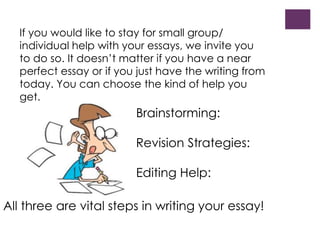 If you would like to stay for small group/ 
individual help with your essays, we invite you 
to do so. It doesn’t matter if you have a near 
perfect essay or if you just have the writing from 
today. You can choose the kind of help you 
get. 
Brainstorming: 
Revision Strategies: 
Editing Help: 
All three are vital steps in writing your essay! 
