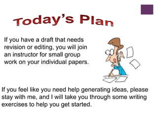 If you have a draft that needs
revision or editing, you will join
an instructor for small group
work on your individual papers.
If you feel like you need help generating ideas, please
stay with me, and I will take you through some writing
exercises to help you get started.
 