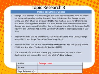 Topic Research 3
Author George Lucas
Source
Page Reference(s)
Details about topic/Quotes
• George Lucas decided to stop writing on Star Wars as he wanted to focus his life on
his family and spending quality time with them. It is known that George regrets
selling Star Wars off, as we are aware that he had multiple ideas for other movies
that would of changed the world of Star Wars. Before the success from Star Wars
George was worth around $4 million due to his global box office hit American Graffiti
however this $4 million has risen to $5 billion which shoes the huge success of Star
Wars.
• A few of the films that he created was, Star Wars: The Clone Wars (2020), Strange
Magic (2015) and Rouge One: A Star Wars Story (2016)
• A few of the films that he was an Executive Producer was, Red Tails (2012), Willow
(1988) and Star Wars: The Empire Strikes Back (1980)
• “I'm not much of a math and science guy. I spent most of my time in school
daydreaming and managed to turn it into a living”- George Lucas
 