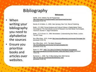 • When
writing your
bibliography
you need to
alphabetise
the sources
• Ensure you
prioritise
books and
articles over
websites.
Bibliography
 