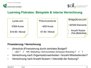 Learning Flatrates: Beispiele & interne Verrechnung
Finanzierung / Verrechnung
• (Anschub-)Finanzierung durch zentrales Budget?
• L&D ? // HR / Marketing / Kommunikation (Employer Branding) ? // ?
• Verrechnung nach Organisationseinheiten / Anzahl Mitarbeitenden?
• Verrechnung nach Anzahl Nutzern / Intensität der Nutzung?
09.05.2017 © scil 21
Lynda.com
5'909 Kurse
$19.99 / Monat
Pinkuniversity.de
~600 Kurse
€7.90 / Monat
Bridge2know.com
~40'000 Elemente
- Anzahl Nutzer
- (Teil-)Bibliothek
 