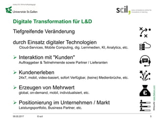 Digitale Transformation für L&D
Tiefgreifende Veränderung
durch Einsatz digitaler Technologien
Cloud-Services, Mobile Computing, dig. Lernmedien, KI, Analytics, etc.
 Interaktion mit "Kunden"
Auftraggeber & Teilnehmende sowie Partner / Lieferanten
 Kundenerleben
24x7, mobil, video-basiert, sofort Verfügbar, (keine) Medienbrüche, etc.
 Erzeugen von Mehrwert
global, on-demand, mobil, individualisiert, etc.
 Positionierung im Unternehmen / Markt
Leistungsportfolio, Business Partner, etc.
09.05.2017 © scil 5
Bildquelle:www.flaticon.com
 