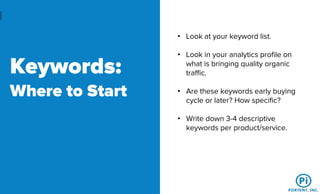 Keywords:
Where to Start
• Look at your keyword list.
• Look in your analytics profile on
what is bringing quality organic
traffic.
• Are these keywords early buying
cycle or later? How specific?
• Write down 3-4 descriptive
keywords per product/service.
 