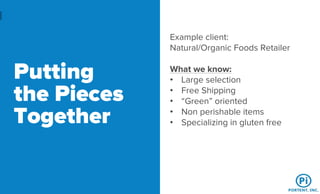 Putting
the Pieces
Together
Example client:
Natural/Organic Foods Retailer
What we know:
• Large selection
• Free Shipping
• “Green” oriented
• Non perishable items
• Specializing in gluten free
 
