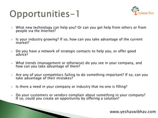  What new technology can help you? Or can you get help from others or from
people via the Internet?
 Is your industry growing? If so, how can you take advantage of the current
market?
 Do you have a network of strategic contacts to help you, or offer good
advice?
 What trends (management or otherwise) do you see in your company, and
how can you take advantage of them?
 Are any of your competitors failing to do something important? If so, can you
take advantage of their mistakes?
 Is there a need in your company or industry that no one is filling?
 Do your customers or vendors complain about something in your company?
If so, could you create an opportunity by offering a solution?
www.yeshaswibhav.com
 