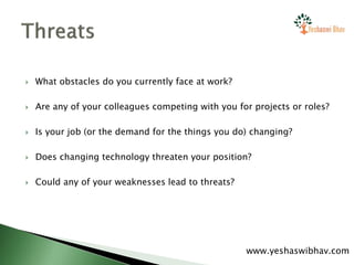  What obstacles do you currently face at work?
 Are any of your colleagues competing with you for projects or roles?
 Is your job (or the demand for the things you do) changing?
 Does changing technology threaten your position?
 Could any of your weaknesses lead to threats?
www.yeshaswibhav.com
 