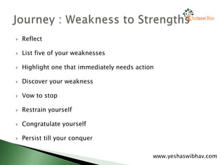  Reflect
 List five of your weaknesses
 Highlight one that immediately needs action
 Discover your weakness
 Vow to stop
 Restrain yourself
 Congratulate yourself
 Persist till your conquer
www.yeshaswibhav.com
 
