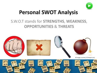 Personal SWOT Analysis
S.W.O.T stands for STRENGTHS, WEAKNESS,
OPPORTUNITIES & THREATS

All images courtesy of [freepik.com]

 