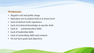 Weaknesses:
• Negative self and public image
• Education not in related field or at lower level
• Lack of desired work experience
• Lack of technical knowledge in specific field
• Lack of communication skills
• Lack of leadership skills
• Lack of networking skills and contacts
• Do not have goals and objectives
 