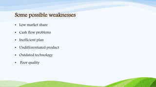 Some possible weaknesses
• Low market share
• Cash flow problems
• Inefficient plan
• Undifferentiated product
• Outdated technology
• Poor quality
 