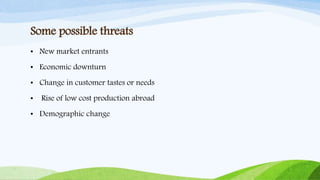 Some possible threats
• New market entrants
• Economic downturn
• Change in customer tastes or needs
• Rise of low cost production abroad
• Demographic change
 