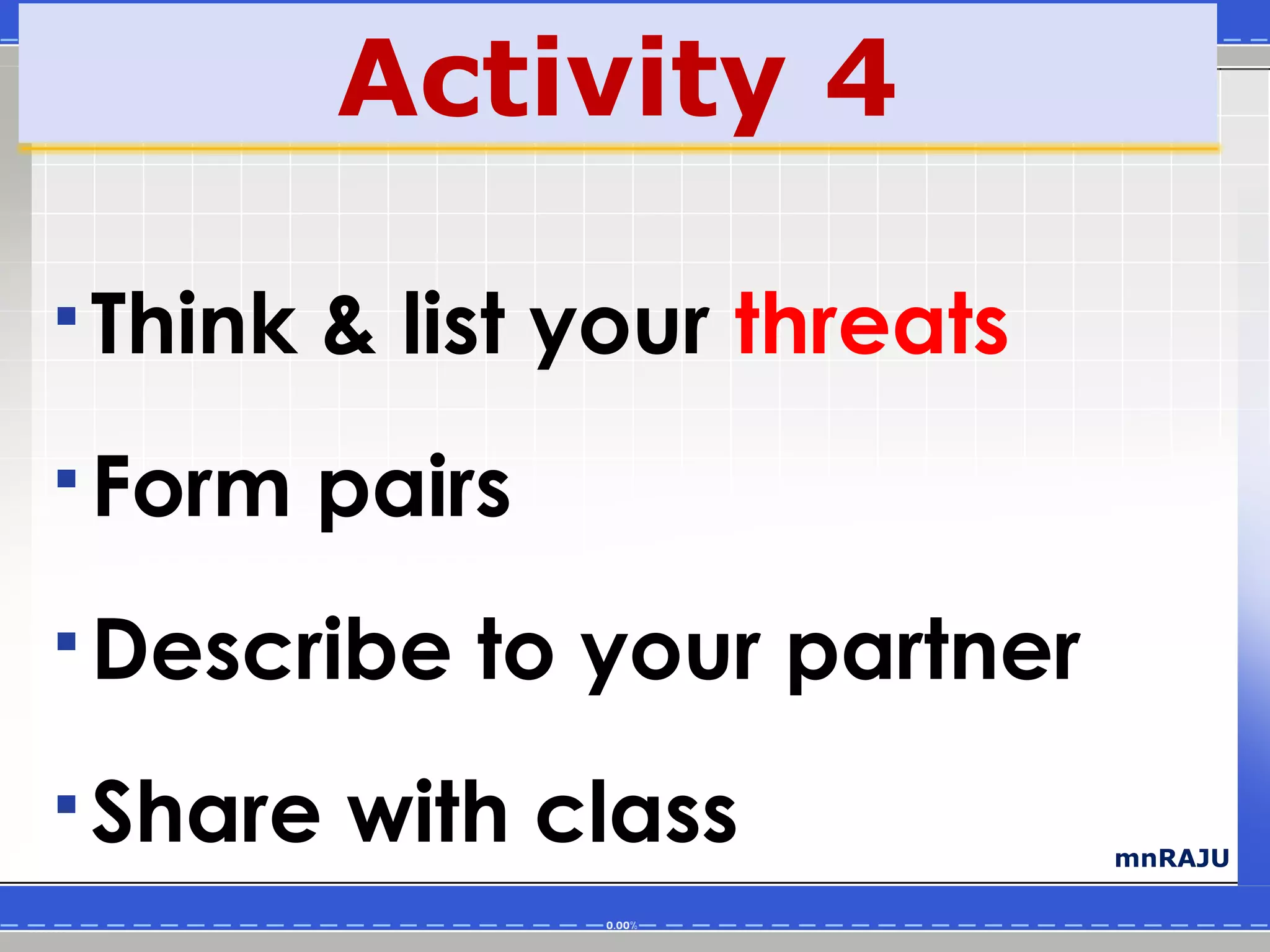 Activity 4

 Think   & list your threats
 Form    pairs
 Describe    to your partner
 Share   with class            mnRAJU
 