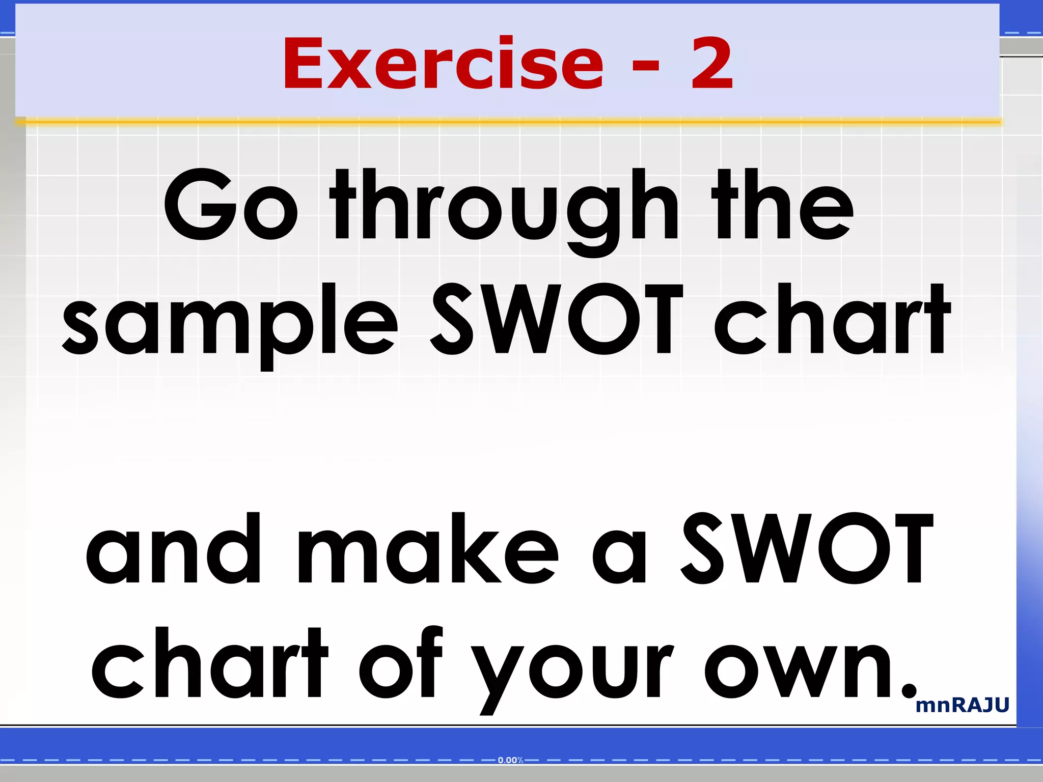 Exercise - 2

  Go through the
sample SWOT chart

and make a SWOT
chart of your own. mnRAJU
 