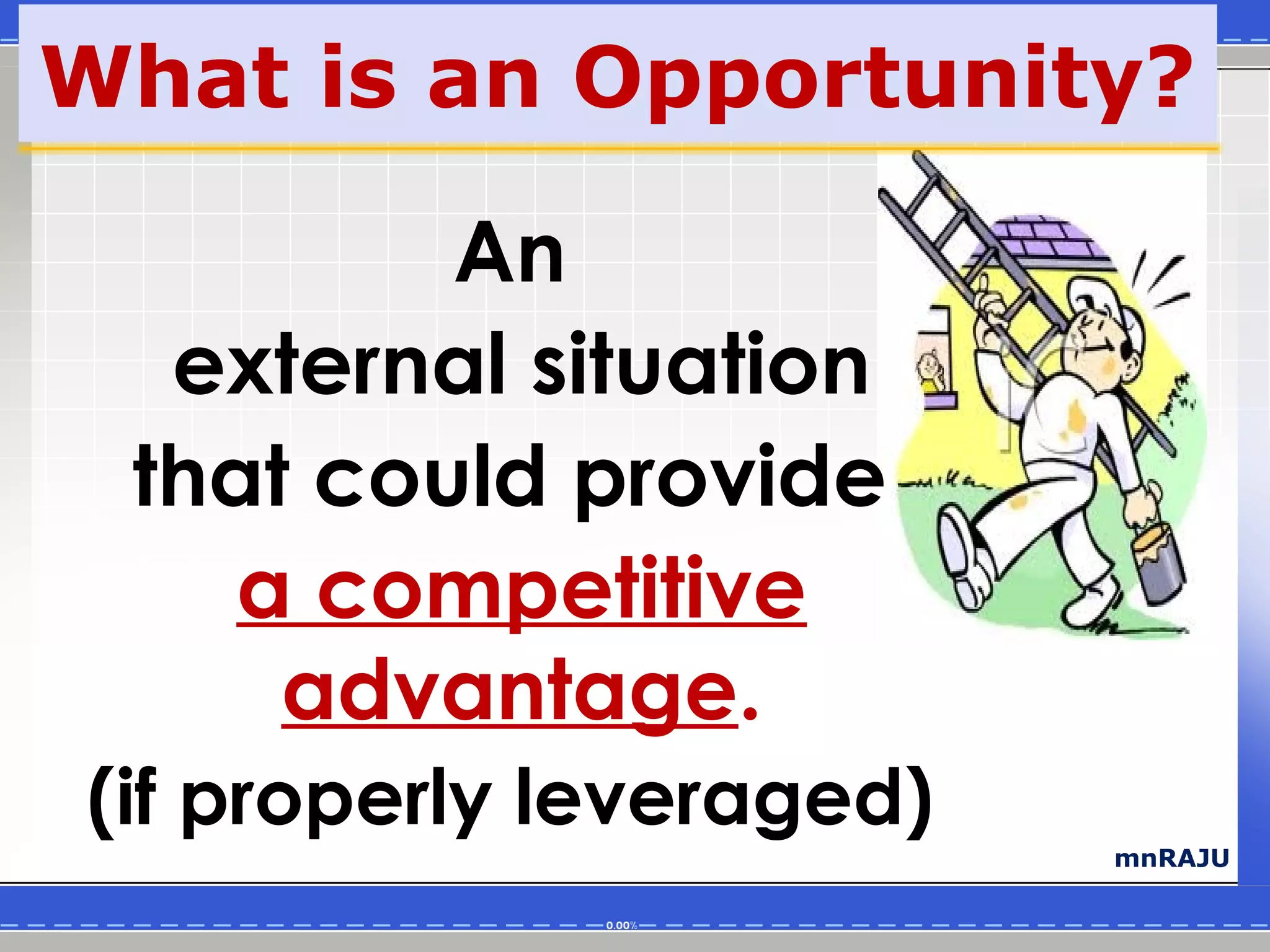What is an Opportunity?

         An
  external situation
 that could provide
    a competitive
     advantage.
(if properly leveraged)
                          mnRAJU
 