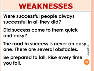 26
nagaRAJU
BEATING
WEAKNESSES
Were successful people always
successful in all they did?
The road to success is never an
easy one.
Be prepared to fall. Rise every
time you fall.
 