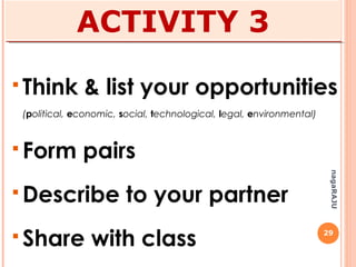 29
nagaRAJU
OPPORTUNITIES
ANALYSIS
 What opportunities to learn are open?
 What situations can you take advantage of?
 Do you have people to help/advise you?
 What others’ failures can you exploit?
 Have you any solutions to others’ complaints?
 Is there an unfilled need around you?
 What external forces can affect your career?
 