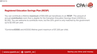 18
www.cpa4it.ca@CPA4IT
Registered Education Savings Plan (RESP)
You can contribute a lifetime maximum of $50,000 per beneficiary to an RESP. The amount of
annual contribution room that is eligible for the Canadian Education Savings Grant (CESG) is
$2,500. You are welcome to contribute more, but the 20% grant is only matched by the government
up to $2,500 per year.
*CombinedCESG and ACESG lifetime grant maximum of $7,200 per child.
2/7/201918
 