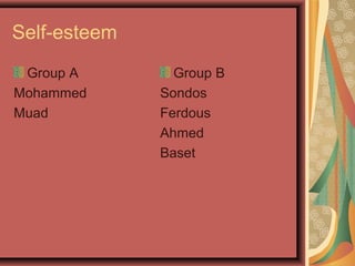 Self-esteem
Group A
Mohammed
Muad
Group B
Sondos
Ferdous
Ahmed
Baset
 