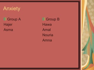 Anxiety
Group A
Hajer
Asma
Group B
Hawa
Amal
Nouria
Amna
 