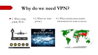 Why do we need VPN?
 1. When using
public Wi-Fi
 2. When we want
privacy
 3. When certain areas restrict
information we want to access
 