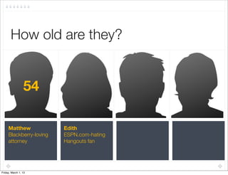 How old are they?


                 54

     Matthew             Edith
     Blackberry-loving   ESPN.com-hating
     attorney            Hangouts fan




Friday, March 1, 13
 