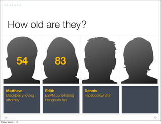 How old are they?


                 54           83

     Matthew             Edith             Dennis
     Blackberry-loving   ESPN.com-hating   Facebookwhat?
     attorney            Hangouts fan




Friday, March 1, 13
 