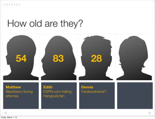 How old are they?


                 54           83                28

     Matthew             Edith             Dennis
     Blackberry-loving   ESPN.com-hating   Facebookwhat?
     attorney            Hangouts fan




Friday, March 1, 13
 