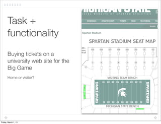 Task +
       functionality	
       Buying tickets on a
       university web site for the
       Big Game
       Home or visitor?




Friday, March 1, 13
 