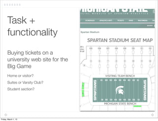 Task +
       functionality	
       Buying tickets on a
       university web site for the
       Big Game
       Home or visitor?
       Suites or Varsity Club?
       Student section?




Friday, March 1, 13
 
