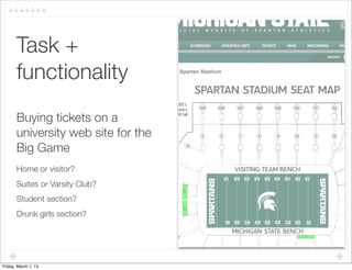 Task +
       functionality	
       Buying tickets on a
       university web site for the
       Big Game
       Home or visitor?
       Suites or Varsity Club?
       Student section?
       Drunk girls section?




Friday, March 1, 13
 