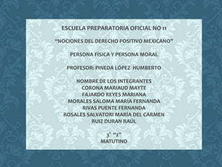 ESCUELA PREPARATORIA OFICIAL NO 11

“NOCIONES DEL DERECHO POSITIVO MEXICANO”

     PERSONA FÍSICA Y PERSONA MORAL

    PROFESOR: PINEDA LÓPEZ HUMBERTO

      NOMBRE DE LOS INTEGRANTES
        CORONA MARIAUD MAYTE
        FAJARDO REYES MARIANA
   MORALES SALOMA MARÍA FERNANDA
        RIVAS PUENTE FERNANDA
  ROSALES SALVATORI MARÍA DEL CARMEN
            RUIZ DURAN RAÚL

                3° “2”
               MATUTINO
 