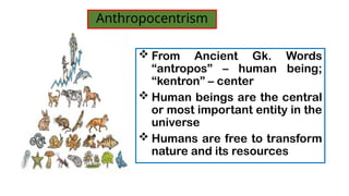 ? From Ancient Gk. Words
antropos C human being;
kentron C center
? Human beings are the central
or most important entity in the
universe
? Humans are free to transform
nature and its resources
Anthropocentrism
 