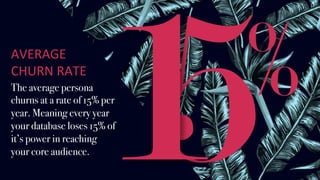 AVERAGE	
CHURN	RATE	
The average persona
churns at a rate of 15% per
year. Meaning every year
your database loses 15% of
it’s power in reaching
your core audience.
51 %
 