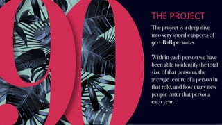 THE	PROJECT		
The project is a deep dive
into very specific aspects of
90+ B2B personas.
With in each person we have
been able to identify the total
size of that persona, the
average tenure of a person in
that role, and how many new
people enter that persona
each year.
 