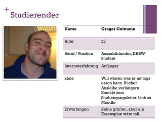 +
    Studierender
                   Name               Gregor Gutmann


                   Alter              22


                   Beruf / Position   Auszubildender, DHBW-
                                      Student
                   Interneterfahrung Anfänger


                   Ziele              Will wissen was er mittags
                                      essen kann. Bücher
                                      Ausleihe verlängern.
                                      Kontakt zum
                                      Studiengangsleiter. Link zu
                                      Moodle
                   Erwartungen        Keine großen, aber ein
                                      Essensplan wäre toll.
 