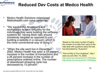 Reduced Dev Costs at Medco Health Medco Health Solutions redesigned Medcohealth.com using personas. "We wanted the developers and workgroups to have empathy for the individuals they were building the software systems for, having them rally around somebody tangible as opposed to just building a website in a vacuum, which is the more conventional way of doing it."  “ When the site went live in December 2002. Medco Health has seen a 33 percent increase in the number of transactions and a 26 percent increase in the number of prescriptions ordered online. The number of abandoned shopping carts has decreased by 13 percent.”  “ Based on the entire number of logins, the number of e-mails from users to the help desk with questions about the site has decreased by 18 percent.” "How to Play to Your Audience“, http://www.cio.com (Nov 15, 2003) http://www.cio.com/archive/111503/play.html http://www.cio.com/archive/111503/play_sidebar_1.html 